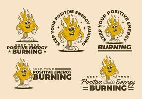 Keep your positive energy burning. Mascot character illustration of fire flame in standing pose, in 5 style vector
