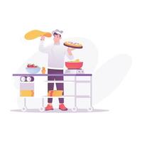 Mom cooking with her daughters, flat style illustration vector