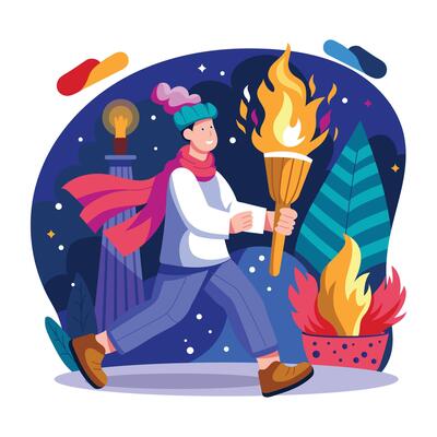 A man holding a fire torch, a flat style illustration