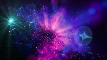 un' luminosa galassia fatto di miliardi di particelle si illumina con neon e si sposta nel spazio video