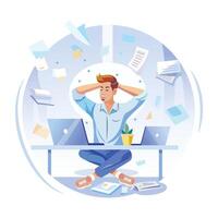 A flat illustration of a relaxed worker sitting at a desk vector