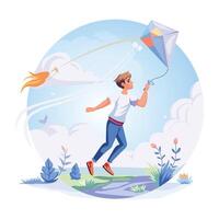 A person flying kite in a park, a flat illustration vector