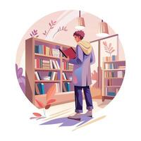 A man reading a book in a library, a flat style illustration vector