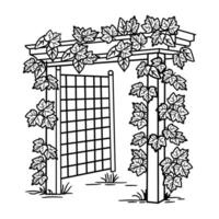 A black and white drawing of a gate with vines vector