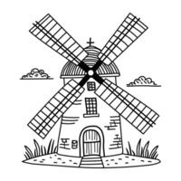 A black and white drawing of a windmill vector