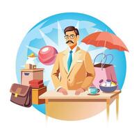 Shopkeeper standing on a table, a flat style illustration vector