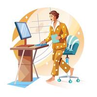 Shopkeeper standing on a table, a flat style illustration vector