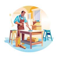 tendero en pie en un mesa, un plano estilo ilustración vector
