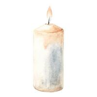 Burning Wax Candle. Design element for cozy romantic interior. Watercolor hand drawn illustration in rustic style isolated on white background. For Christmas Advent or Greeting Cards, Invitations and vector