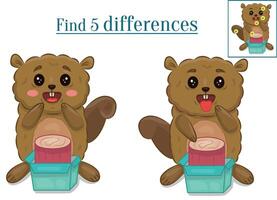 Find five differences from animals, compare two beavers and find the differences. This is an educational game for kids.A page with training materials. Preparing for school. vector