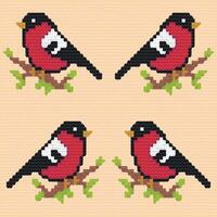 Knitted pattern. A bullfinch bird is sitting on a branch. illustration. Realistic texture of knitted wool fabric. A Christmas sweater. New Year's background. Winter holidays. Flat style. vector
