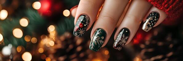 Elegant New Year nail art design with festive ornament and snowflake patterns photo