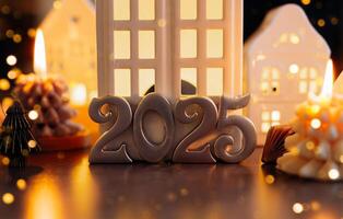 Christmas and New Year card. Number 2025 on holiday background. Christmas lights bokeh background. Holiday postcard. Happy New Year 2025 photo
