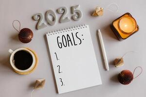 Goals 2025 concept. New Year Routine. Numbered notebook sheet for writing annual goals, cup of coffee, burning candle and paper honeycomb baubles. Flat lay style photo