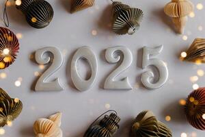 Christmas and New Year card. Number 2025 on holiday background. Christmas lights bokeh background. Holiday postcard. Happy New Year 2025. Flat lay photo