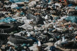 Pollution concept garbage pile in trash, waste dump or a landfill, waste from household, global warning issue photo