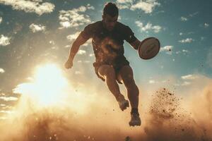 Rugby athlete jumping with ball, with evening sun rays and dust or snow in the background photo