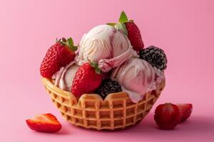 Pink ice cream in a waffle cone photo