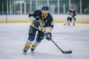 Ice hockey player with stick moving at stadium during game photo