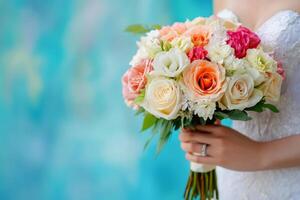 close-up of a hand holding a bouquet of flowers on a blue background photo