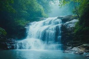 Beautiful waterfall in the forest in the morning haze photo