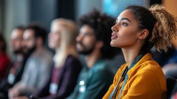 people in a conference room looking at a defocused speaker photo