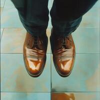 close-up of feet in shoes of a businessman on a mirror surface, side view photo
