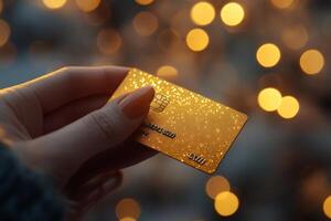 Female fingers holding a gold colored bank card with golden bokeh highlights photo