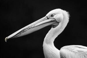 profile portrait of pelican monochrome on black background photo