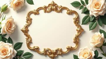 A beautiful golden frame encircled by delicate pink roses and green leaves on a neutral backdrop photo