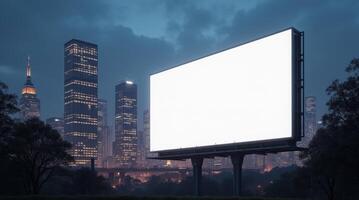 A large blank billboard stands prominently in front of a cityscape at twilight photo