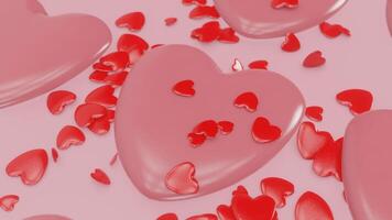 Lots of red hearts falling on pink background. Valentines day concept. Orbit camera movement. 3d render. video