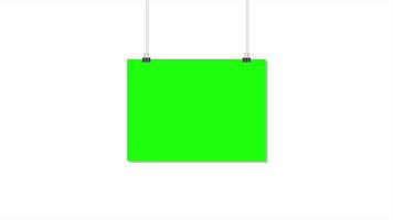 Paper hanging on clip animation. Poster mockup with green screen. Realistic empty banner. Seamless loop animation video