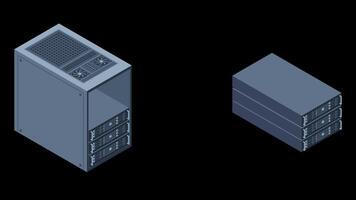 Isometric server animation. Server racks. Server boxes isolated. Network server room. Computer network technology. Transparent background with alpha channel video