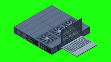Isometric server animation. Server racks. Server boxes isolated. Network server room. Computer network technology. 4K animated in isometric style video