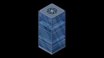 Isometric server animation. Server racks. Server boxes isolated. Network server room. Computer network technology. Transparent background with alpha channel video