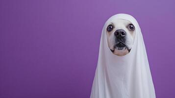 Dog dressed as ghost costume with white sheet blanket for Halloween with copy space purple background photo