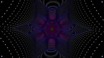4k seamless looped animation. Fly through mirror tunnel with neon pattern, glow lines form sci fi pattern. Bright reflection neon light. Simple bright background, sci fi structure. 3D Illustration video