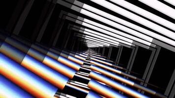 4k seamless looped animation. Fly through mirror tunnel with neon pattern, glow lines form sci fi pattern. Bright reflection neon light. Simple bright background, sci fi structure. 3D Illustration video