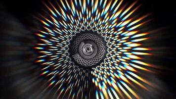 4k seamless looped animation. Fly through mirror tunnel with neon pattern, glow lines form sci fi pattern. Bright reflection neon light. Simple bright background, sci fi structure. 3D Illustration video