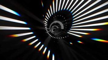 4k seamless looped animation. Fly through mirror tunnel with neon pattern, glow lines form sci fi pattern. Bright reflection neon light. Simple bright background, sci fi structure. 3D Illustration video