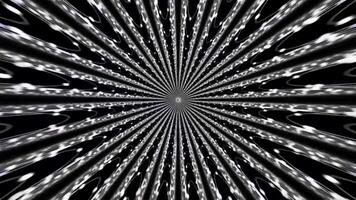 4k seamless looped animation. Fly through mirror tunnel with neon pattern, glow lines form sci fi pattern. Bright reflection neon light. Simple bright background, sci fi structure. 3D Illustration video