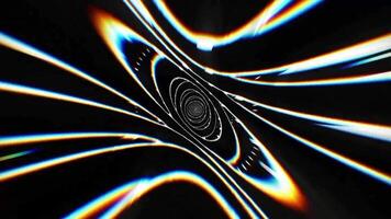 4k seamless looped animation. Fly through mirror tunnel with neon pattern, glow lines form sci fi pattern. Bright reflection neon light. Simple bright background, sci fi structure. 3D Illustration video
