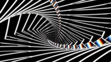 4k seamless looped animation. Fly through mirror tunnel with neon pattern, glow lines form sci fi pattern. Bright reflection neon light. Simple bright background, sci fi structure. 3D Illustration video