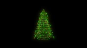 2025 New Year's Eve. Hologram of a spruce tree in green color made of glowing particles. Abstract background. video