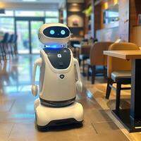 Friendly Service Robot in a Modern Cafe Smart Robot Waiter in Restaurant Setting photo