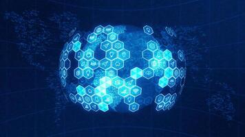 Motion graphic of Blue technology icon and hexagon shape with earth sphere rotation on futuristic abstract background concept seamless loop video