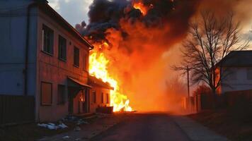 fire in the city, fire blazes along the side of a building, emitting thick smoke and bright flames that illuminate the surroundings, creating an urgent scene of danger and chaos video