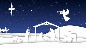 Nativity Paper Cut Outs Silhouettes 4K Loop features a nativity scene made of paper cut-outs with animals, manger, three wise men, angel and star against a blue sky with snowflakes in a loop. video