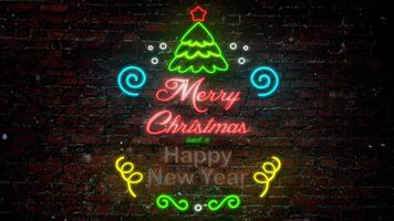 Merry Christmas Happy New Year Neon Sign 4K Loop features a neon sign blinking into view on a brick wall with snow falling with a Merry Christmas Happy New Year message in a loop. video